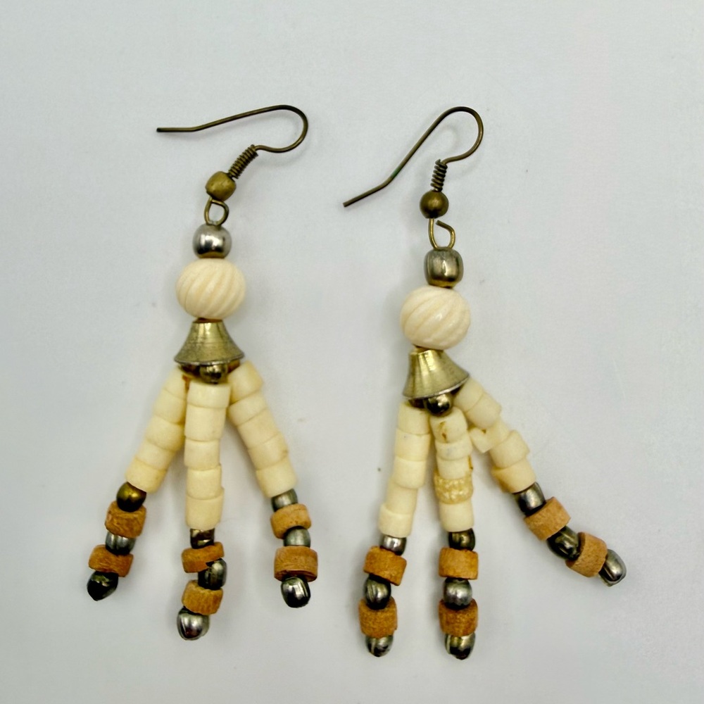 Bone Style Tribal Beaded Dangle Earrings with Leather Brass